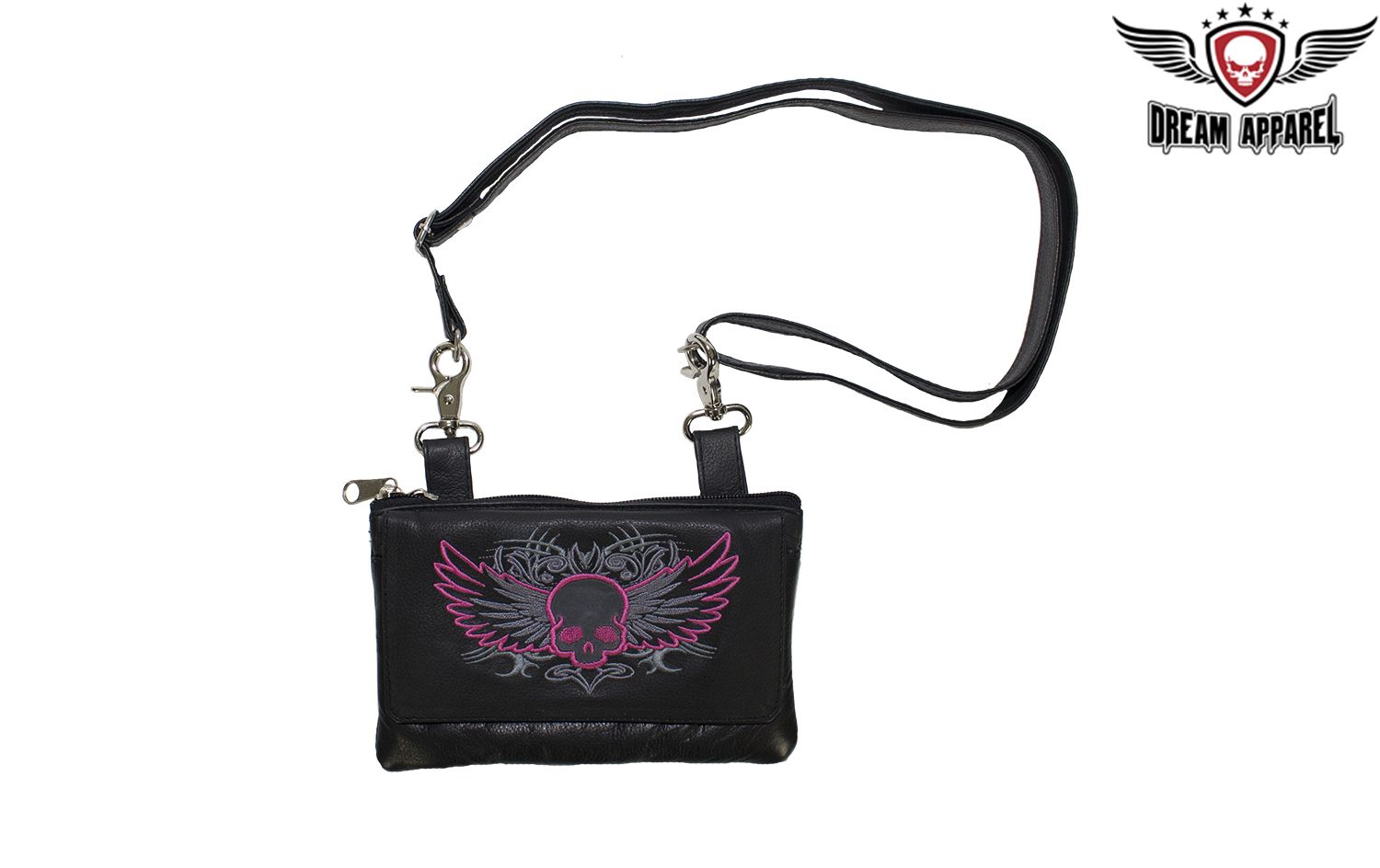 All Naked Cowhide Leather Belt Bag with Hot Pink Skull and Wings