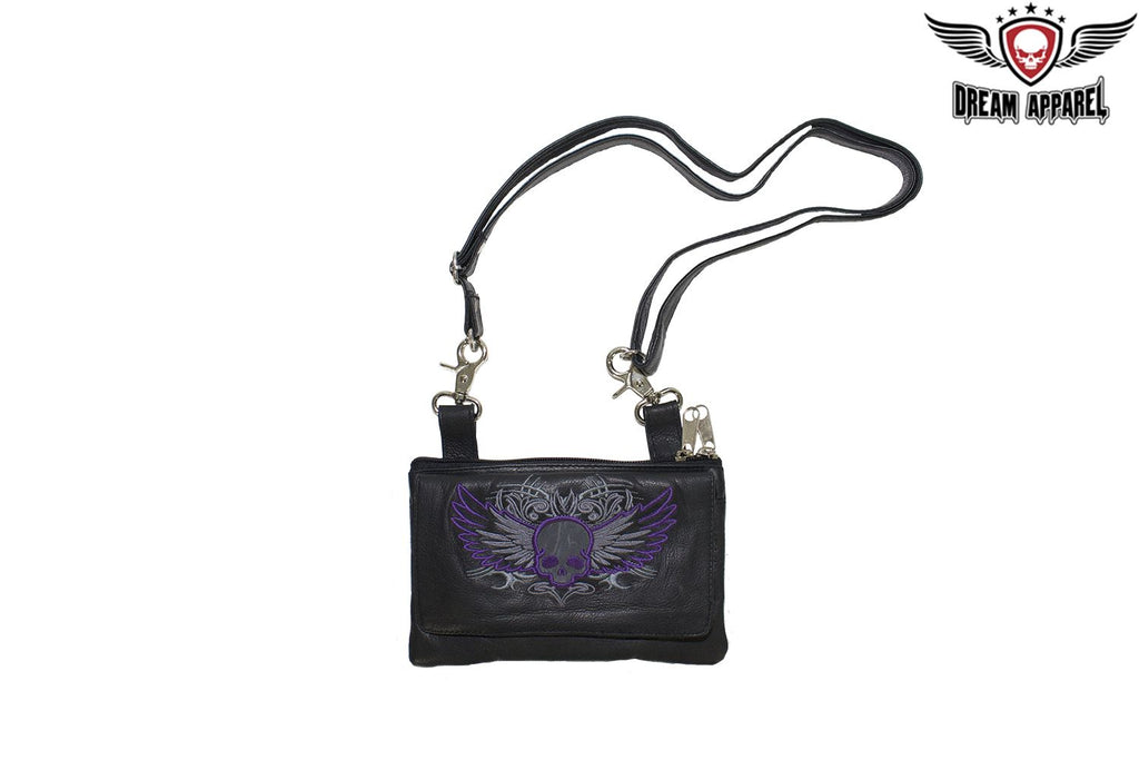 All Naked Cowhide Leather Belt Bag with Purple Skull and Wings