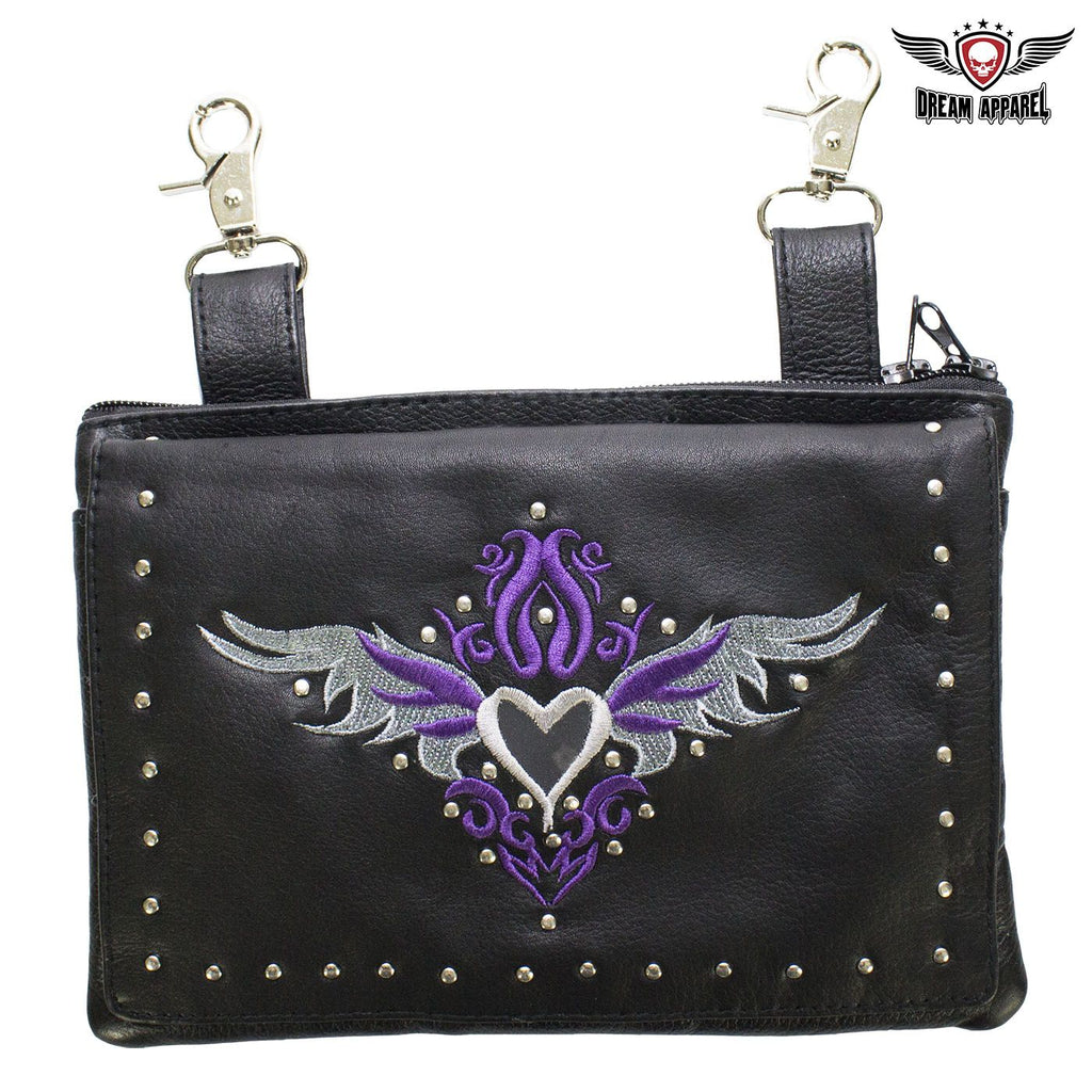 Studded Naked Cowhide Leather Gun Holster Belt Bag with Purple & Silver Heart lobster clasps