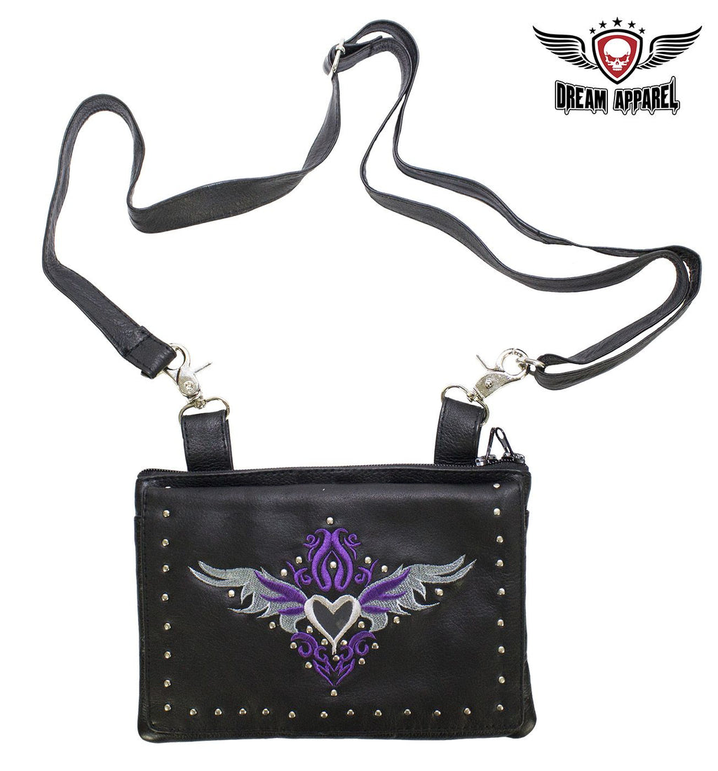 Studded Naked Cowhide Leather Gun Holster Belt Bag with Purple & Silver Heart lobster clasps