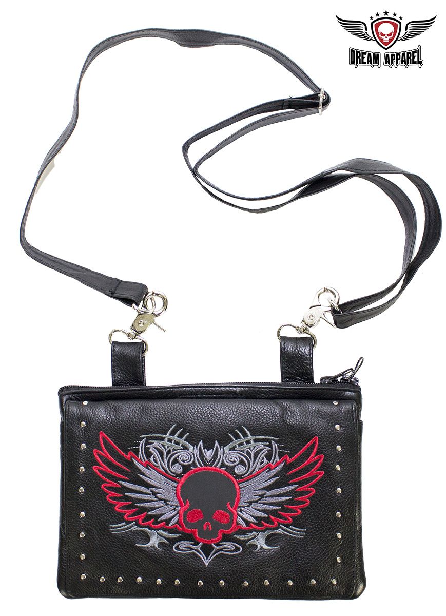 Naked Cowhide Leather Red Skull Gun Holster Belt Bag with Studs