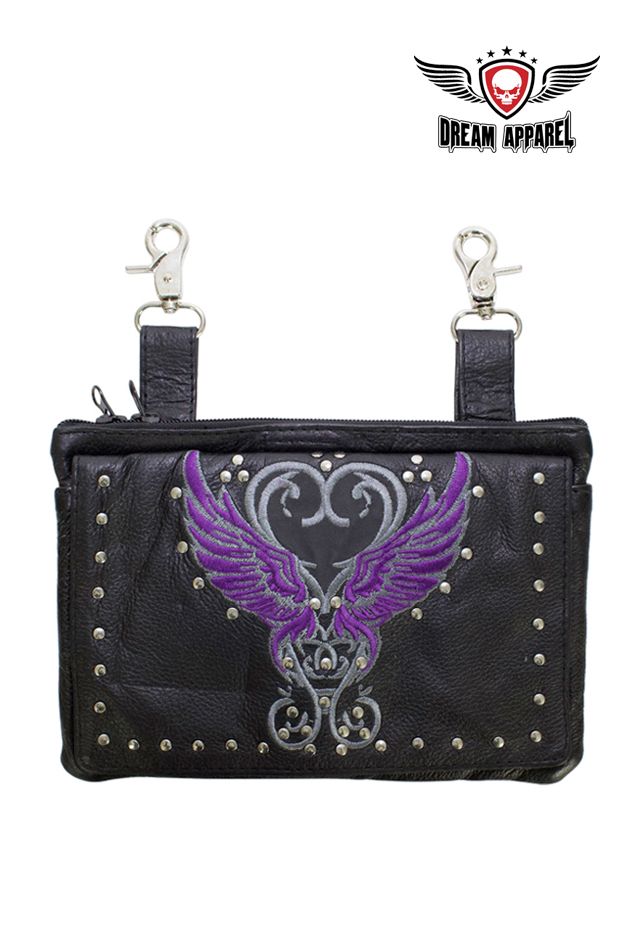 Studded Naked Cowhide Leather Belt Bag with Purple Wings