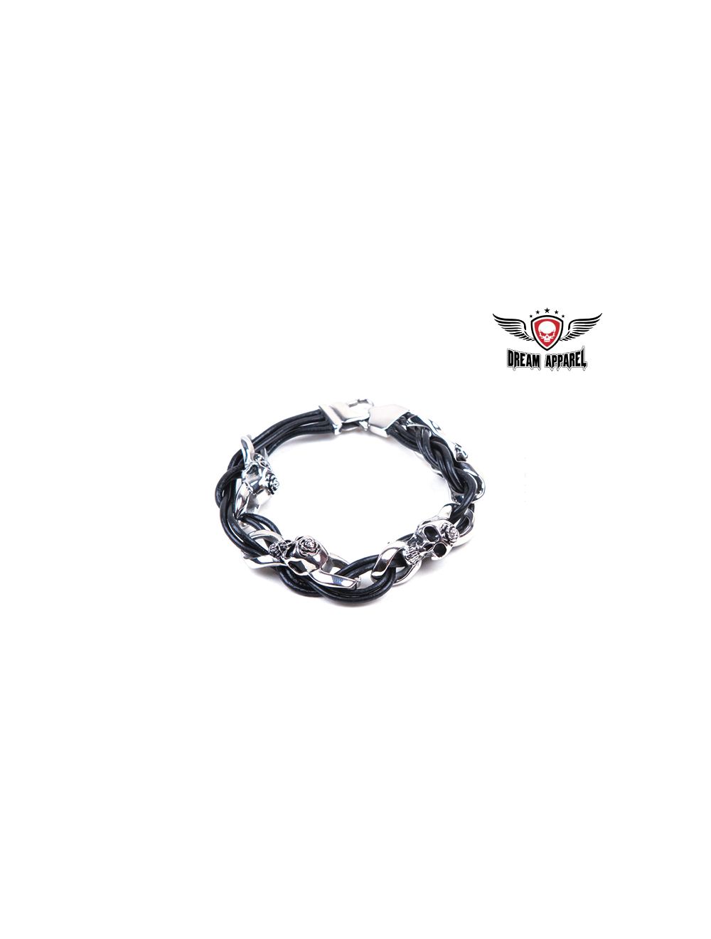 Stainless Steel Bracelet with Steel Skulls, Rose and Lace