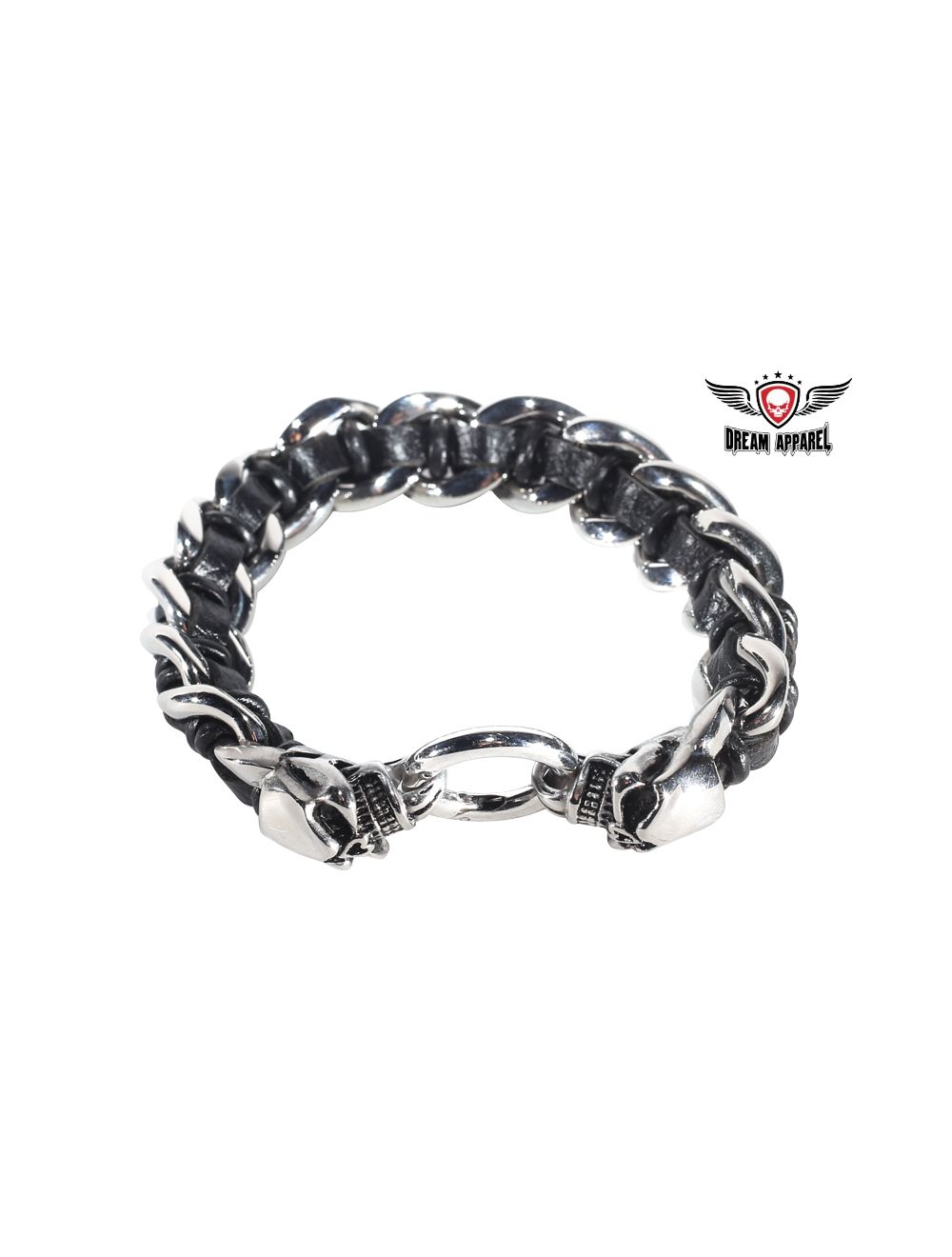 Stainless Steel Motorcycle Bracelet with Skulls & Leather Lace