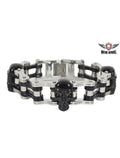 Chrome and Black Motorcycle Chain Bracelet with Black Skulls