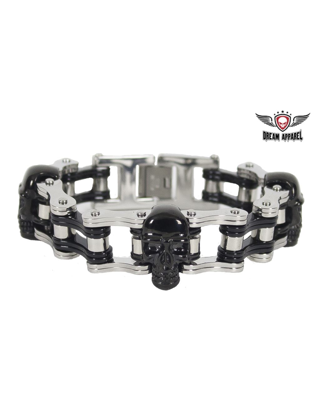 Chrome and Black Motorcycle Chain Bracelet with Black Skulls