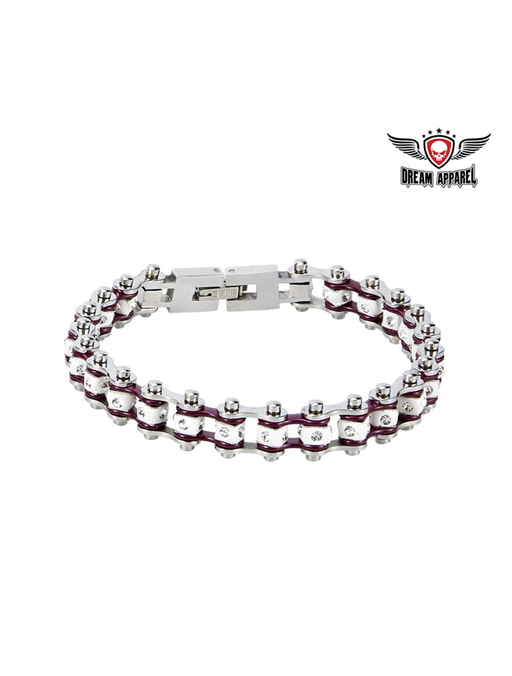 Chrome and Purple squared motorcycle bracelet with clear gem stone