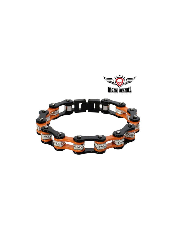 Large Black And Orange Motorcycle Chain Bracelet with Gemstones
