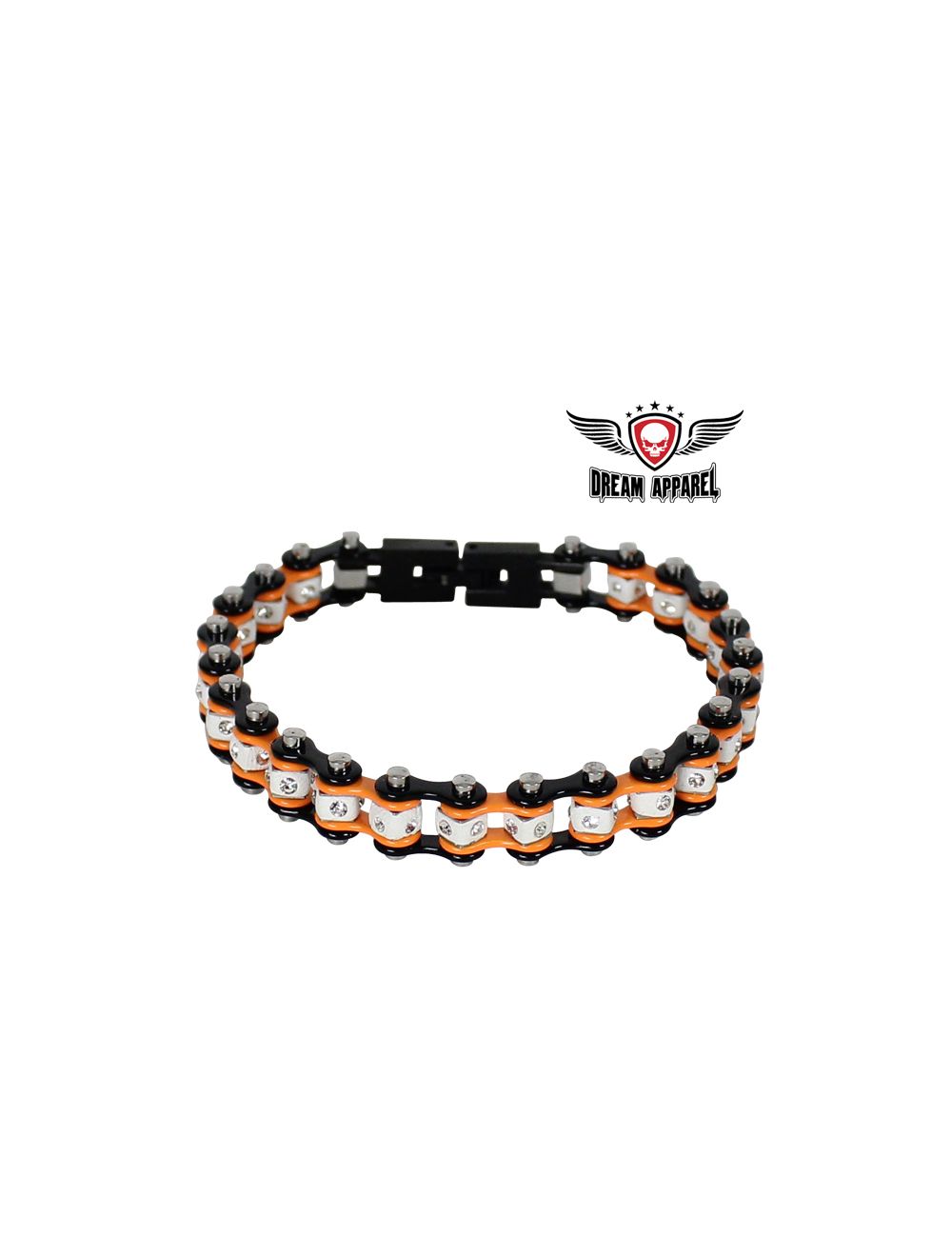 Black And Orange Squared Motorcycle Bracelet W/ Clear Gemstones