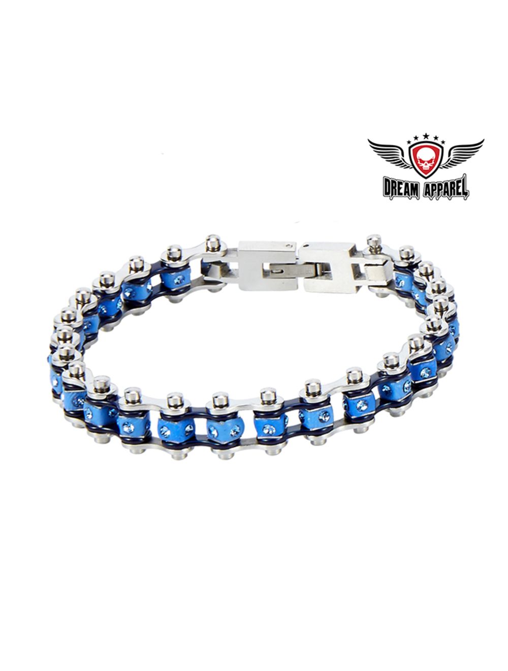 Chrome and Blue Squared Motorcycle Bracelet With Blue Gemstones