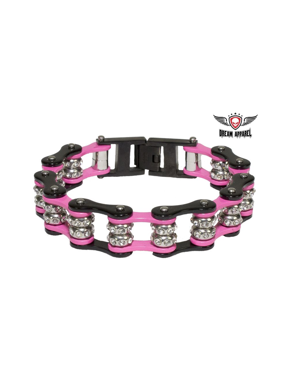 Pink and Black Motorcycle Chain Bracelet with Gemstones