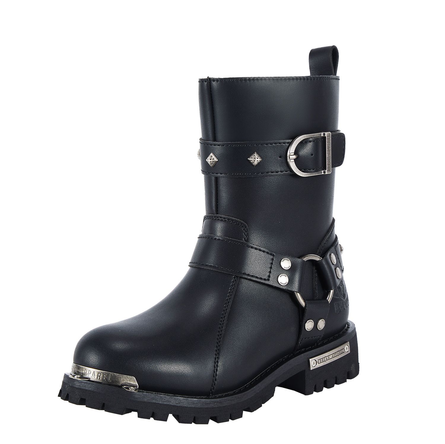 Women Leather Biker Boots, Straps & Ring on Ankle