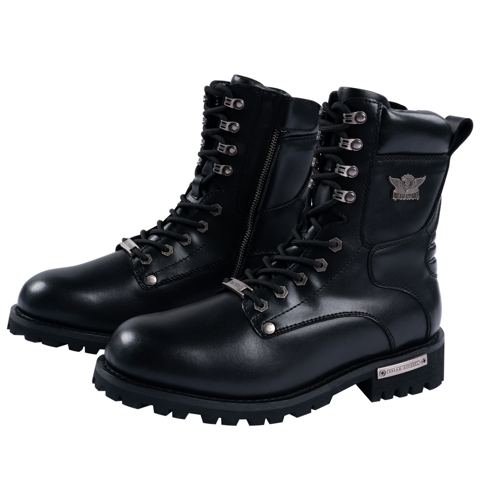 Dream Apparel Men's Motorcycle Riding Boots YKK Zipper Black Faux Leather Side Zipper Low Heel