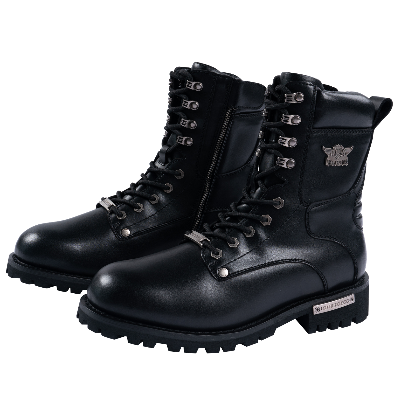 Dream Apparel Men's Motorcycle Riding Boots YKK Zipper Black Faux Leather Side Zipper Low Heel