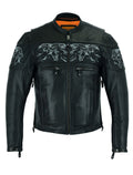 Men's Leather Concealed Carry Racing Jacket with Reflective Skulls Heavy Duty