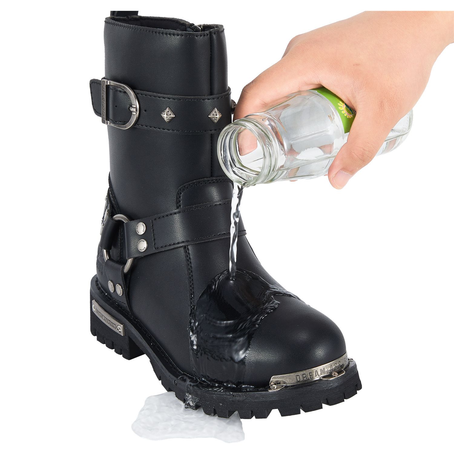 Women Leather Biker Boots, Straps & Ring on Ankle