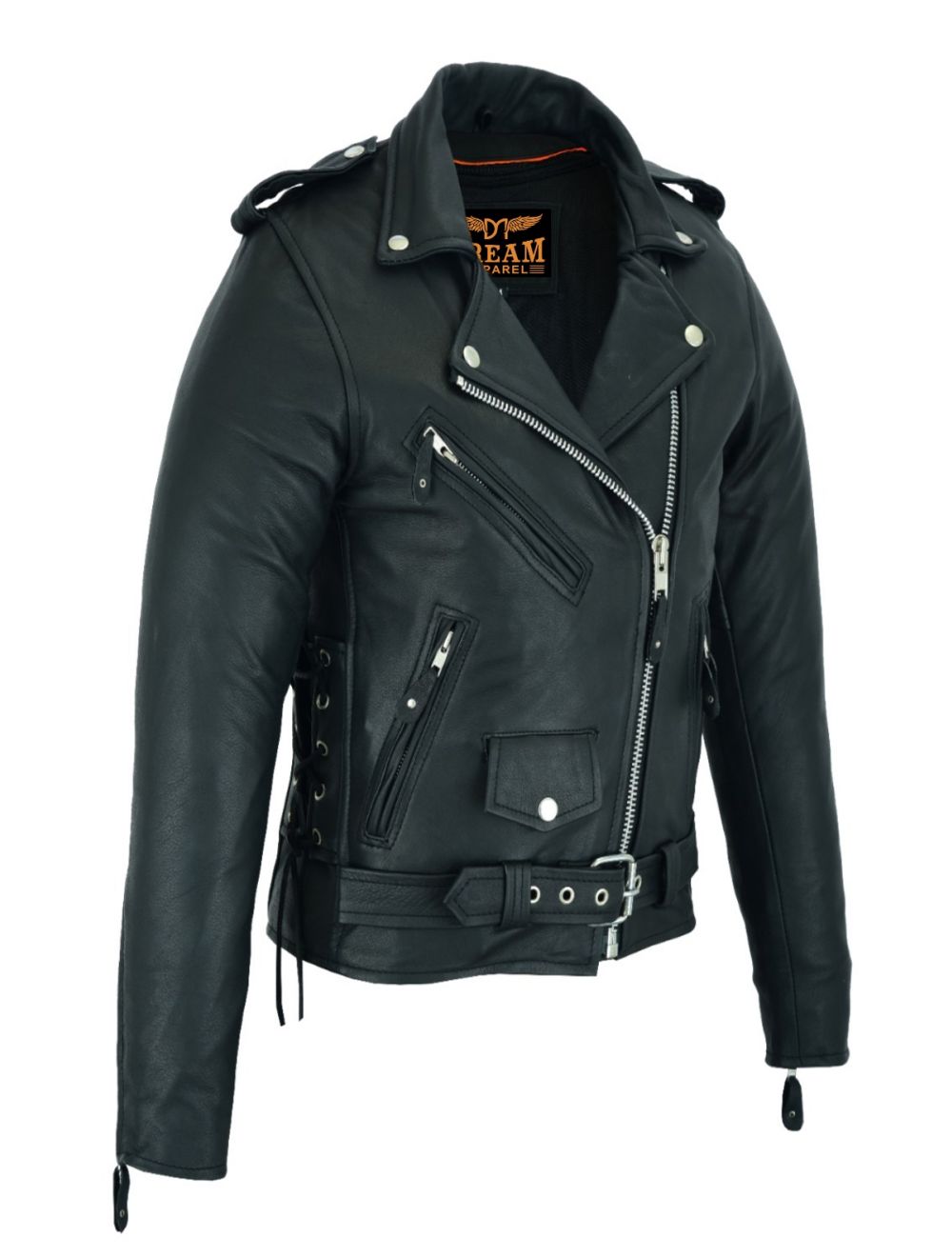 Women Motorcycle Classic Leather Jacket Premier Cowhide Leather Gun Pockets Side Laces